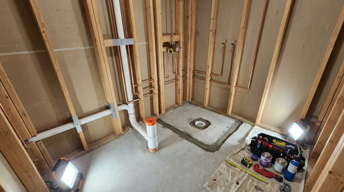 Bathroom rough-in plumbing during remodel by Johns Plumbing LLC in Daly City