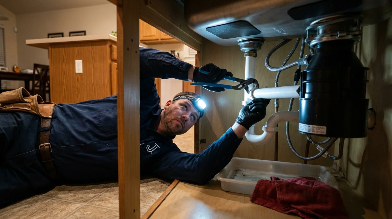 P-trap and supply line connections under a kitchen sink showing a common leak point in Daly City, CA